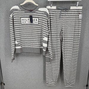 Tommy Hilfiger Womens Rugby Stripe Lounge Set Size S Gray White Soft Knit NEW